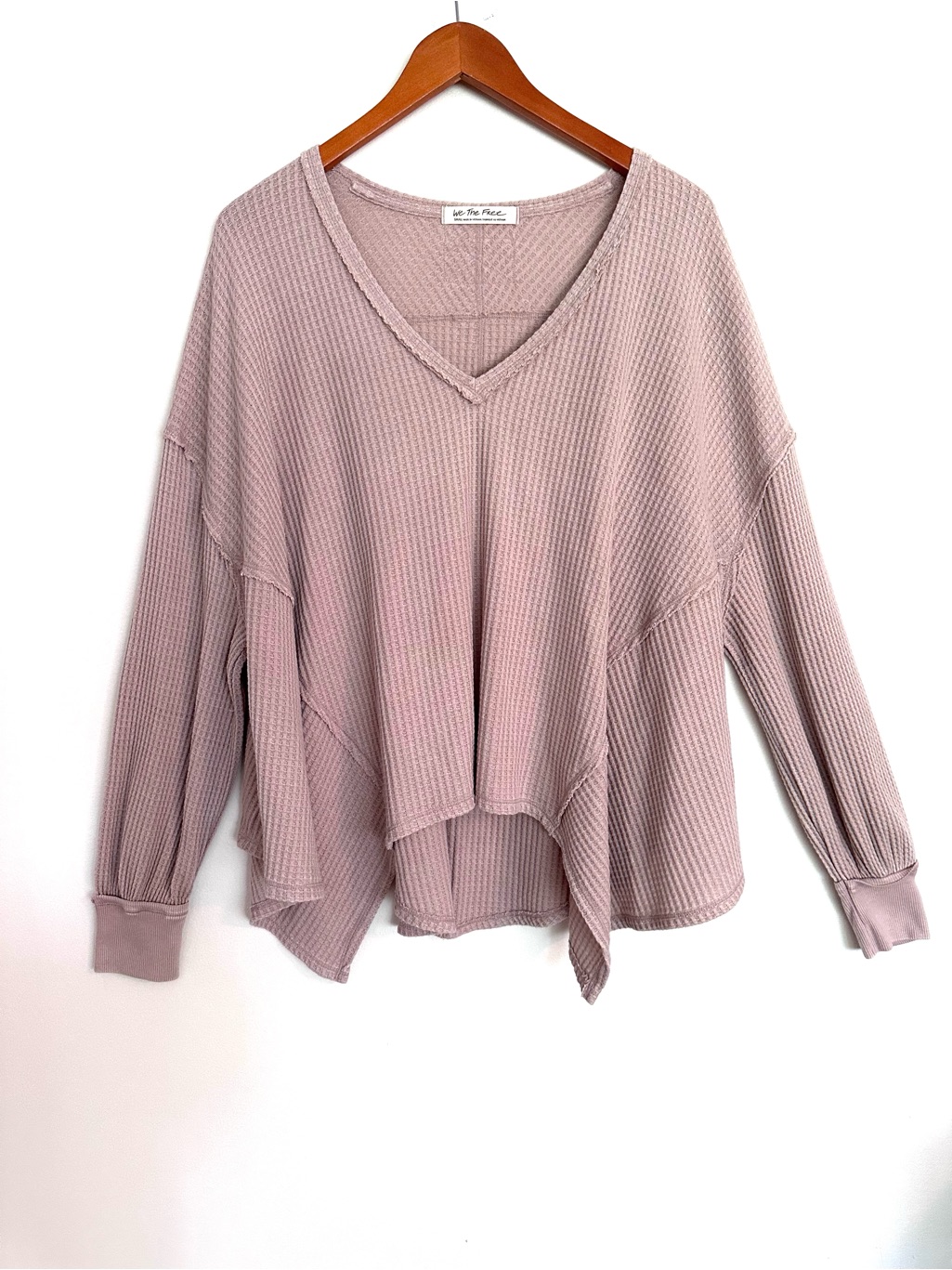 We The Free Free People Dusty Beige V-Neck Waffle Oversized Pullover Size Small